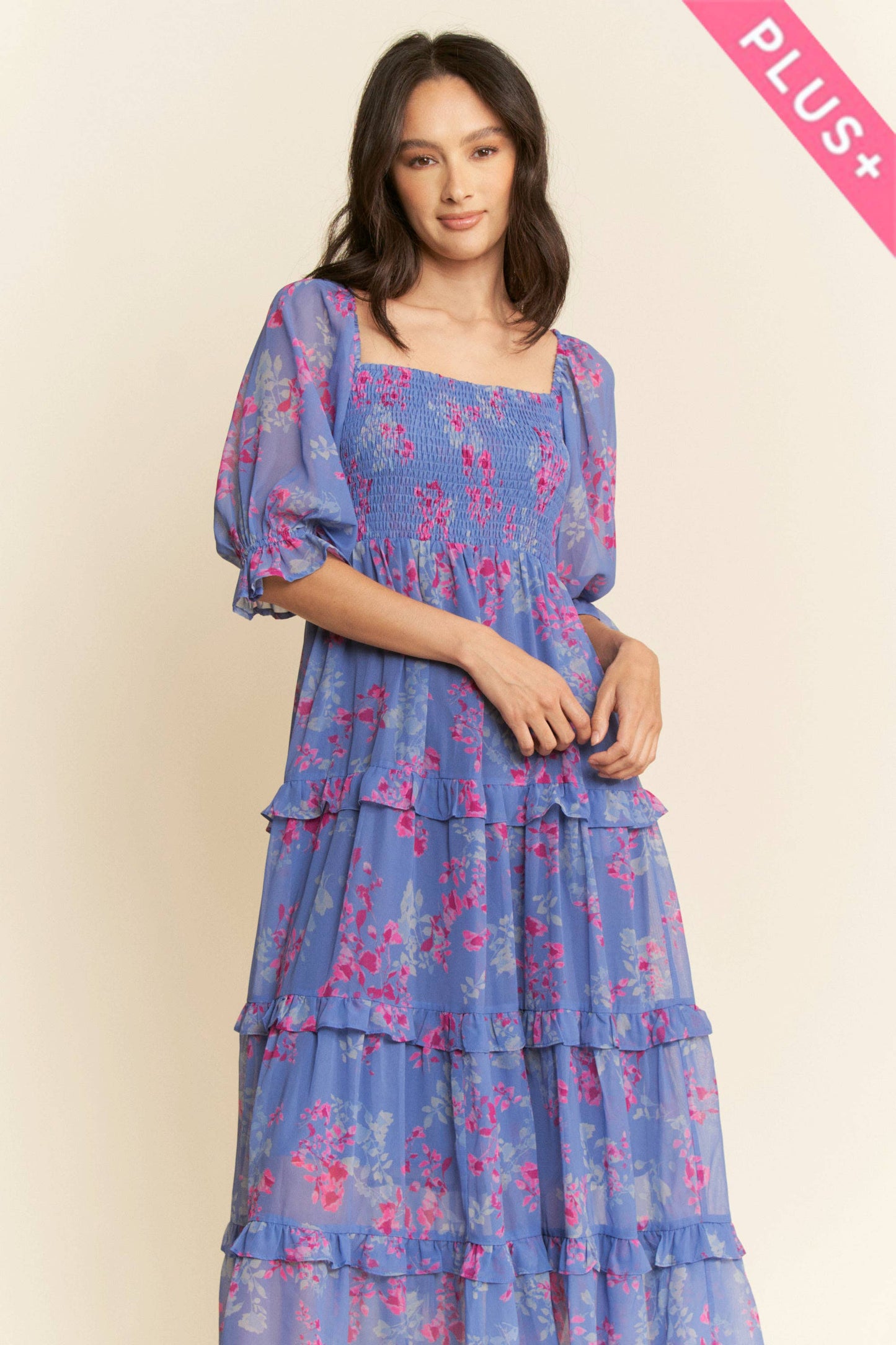 SMOCKING RUFFLE DETAIL CHIFFON MAXI DRESS
