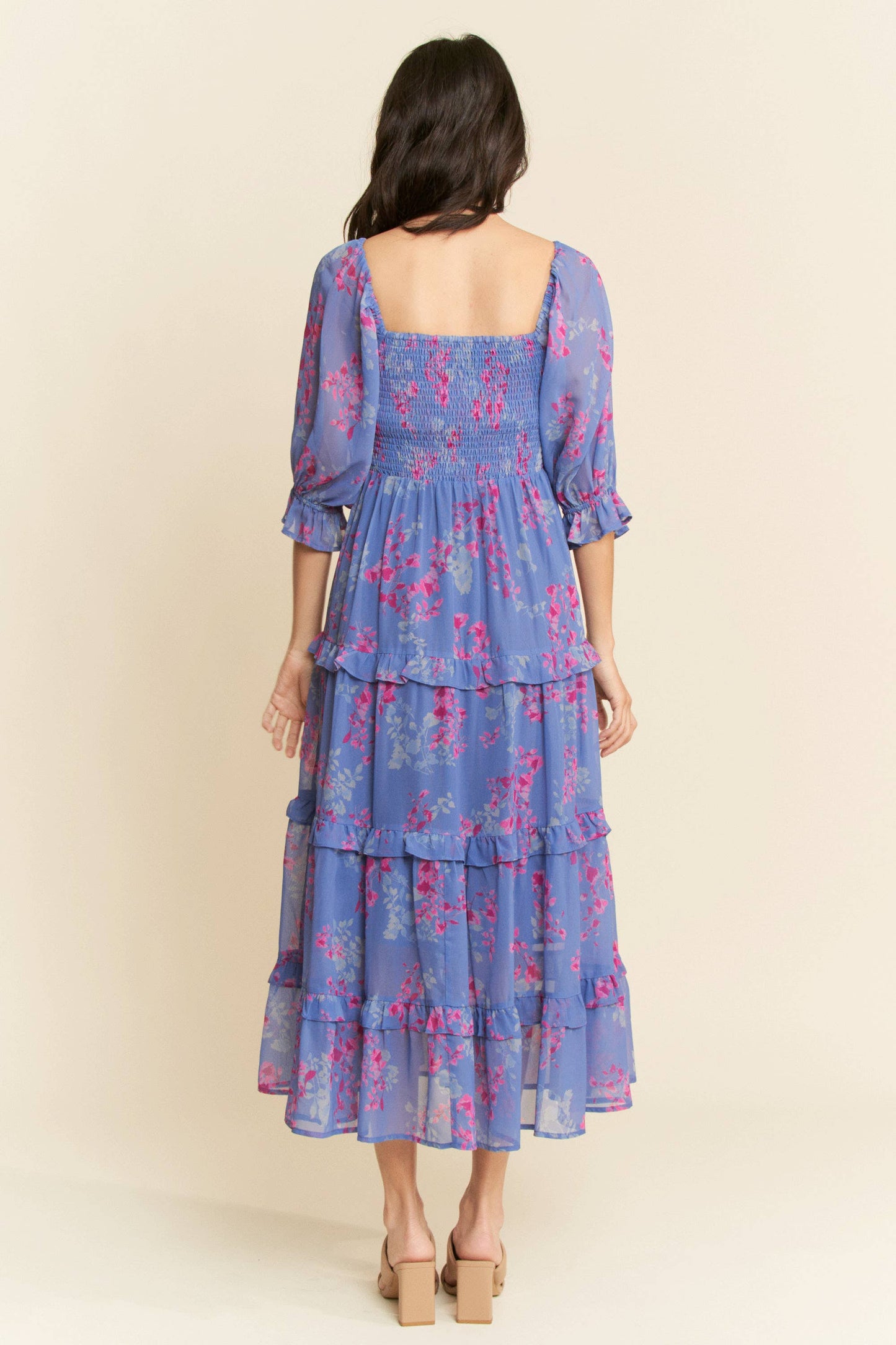 SMOCKING RUFFLE DETAIL CHIFFON MAXI DRESS