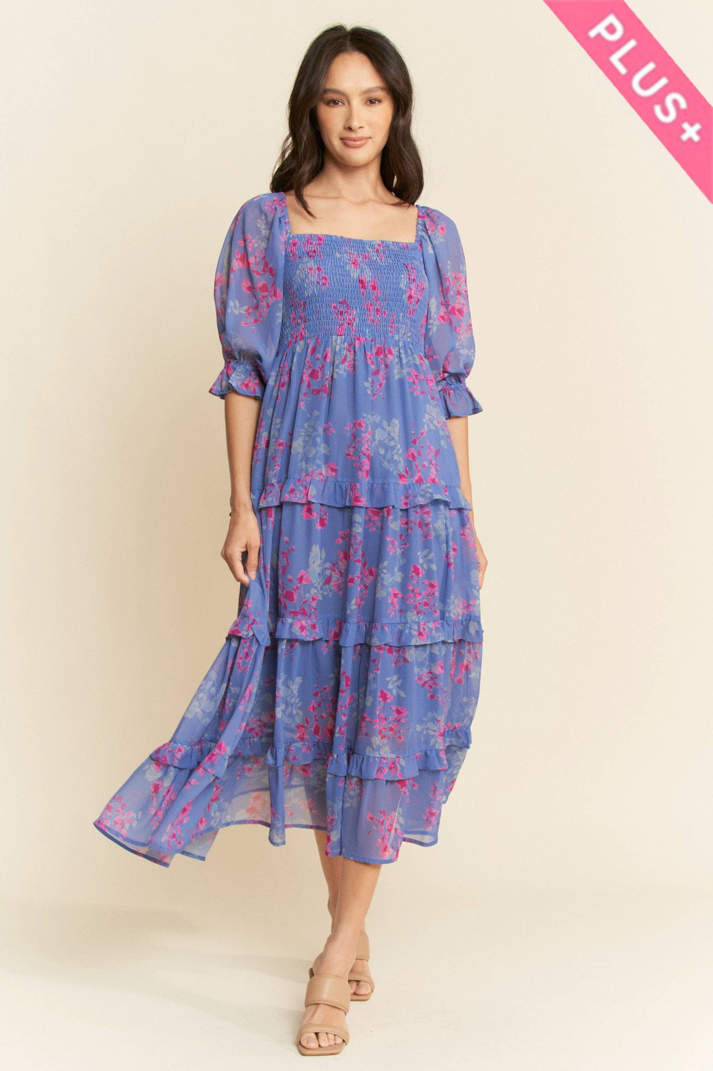 SMOCKING RUFFLE DETAIL CHIFFON MAXI DRESS