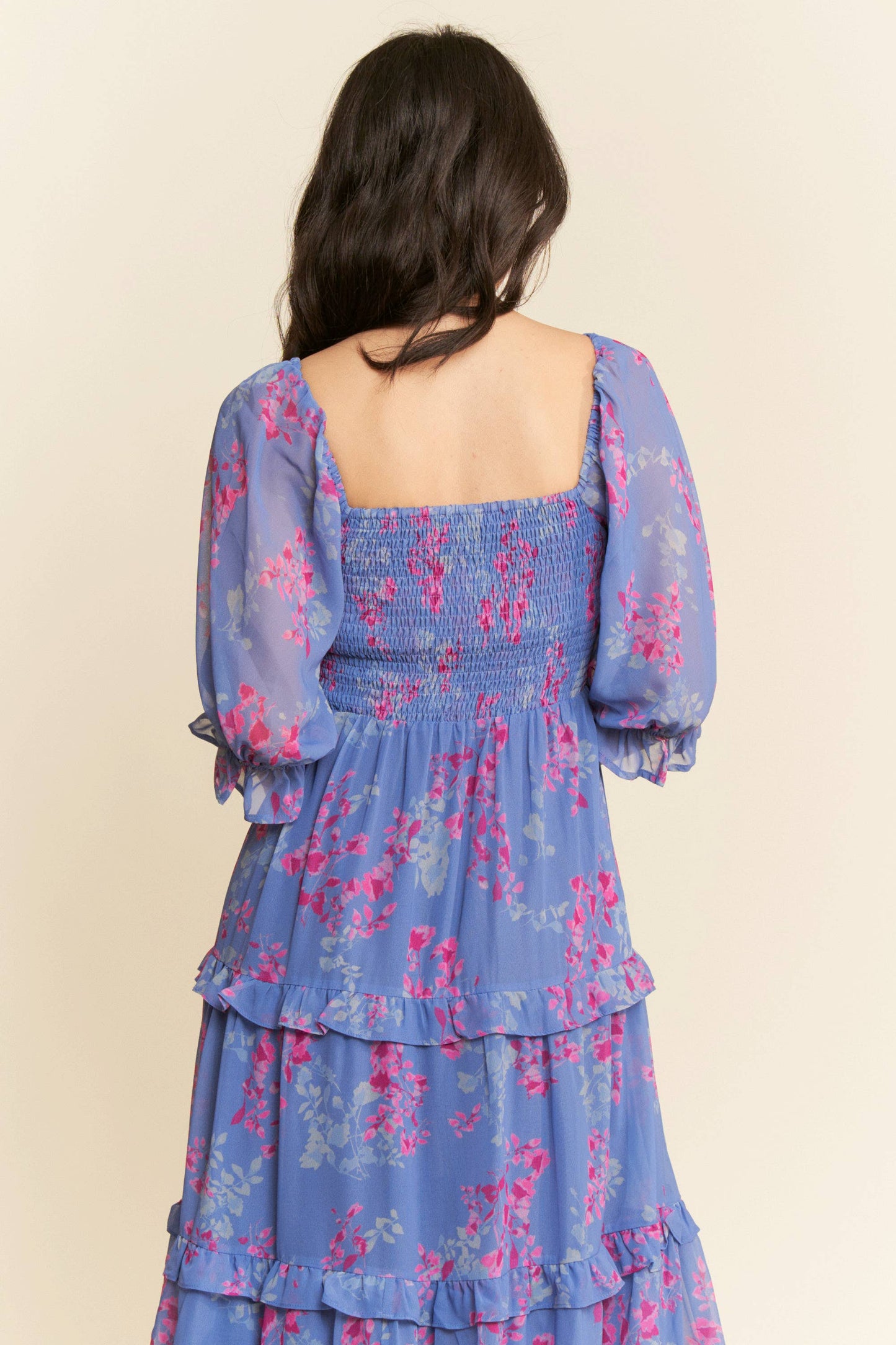 SMOCKING RUFFLE DETAIL CHIFFON MAXI DRESS