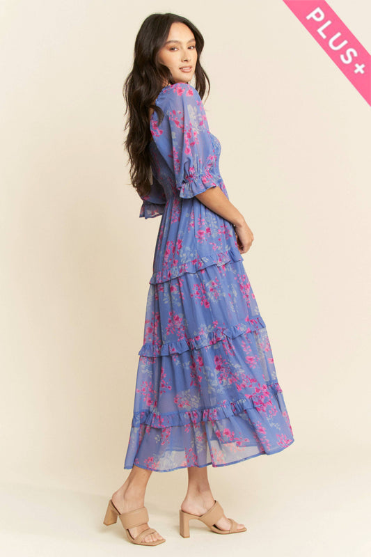 SMOCKING RUFFLE DETAIL CHIFFON MAXI DRESS